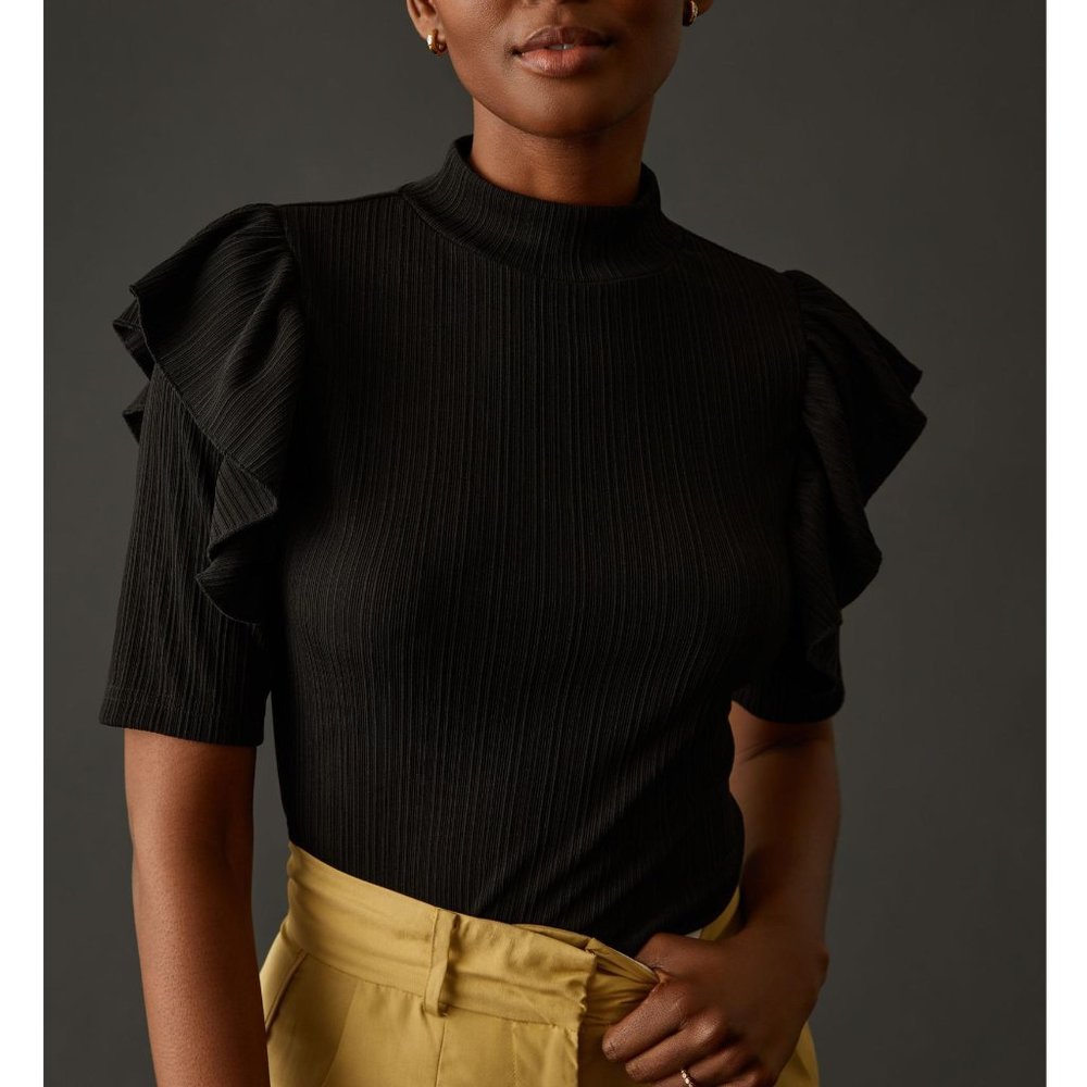 Anthropologie DOLAN Ruffled Mock Neck Blouse Black - Medium (Fit: S - M)